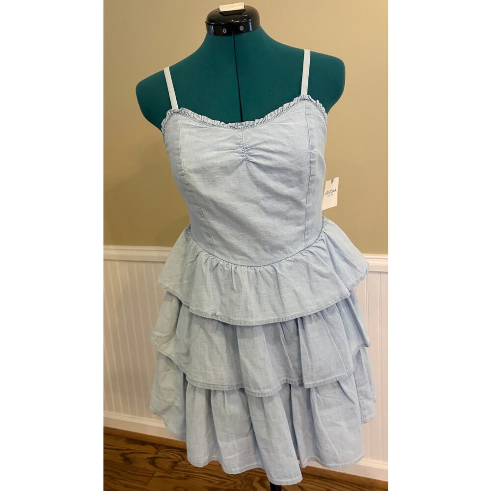 Women’s Light Blue Chambray Tiered Ruffle Sundress Smocked Back Spaghetti Straps